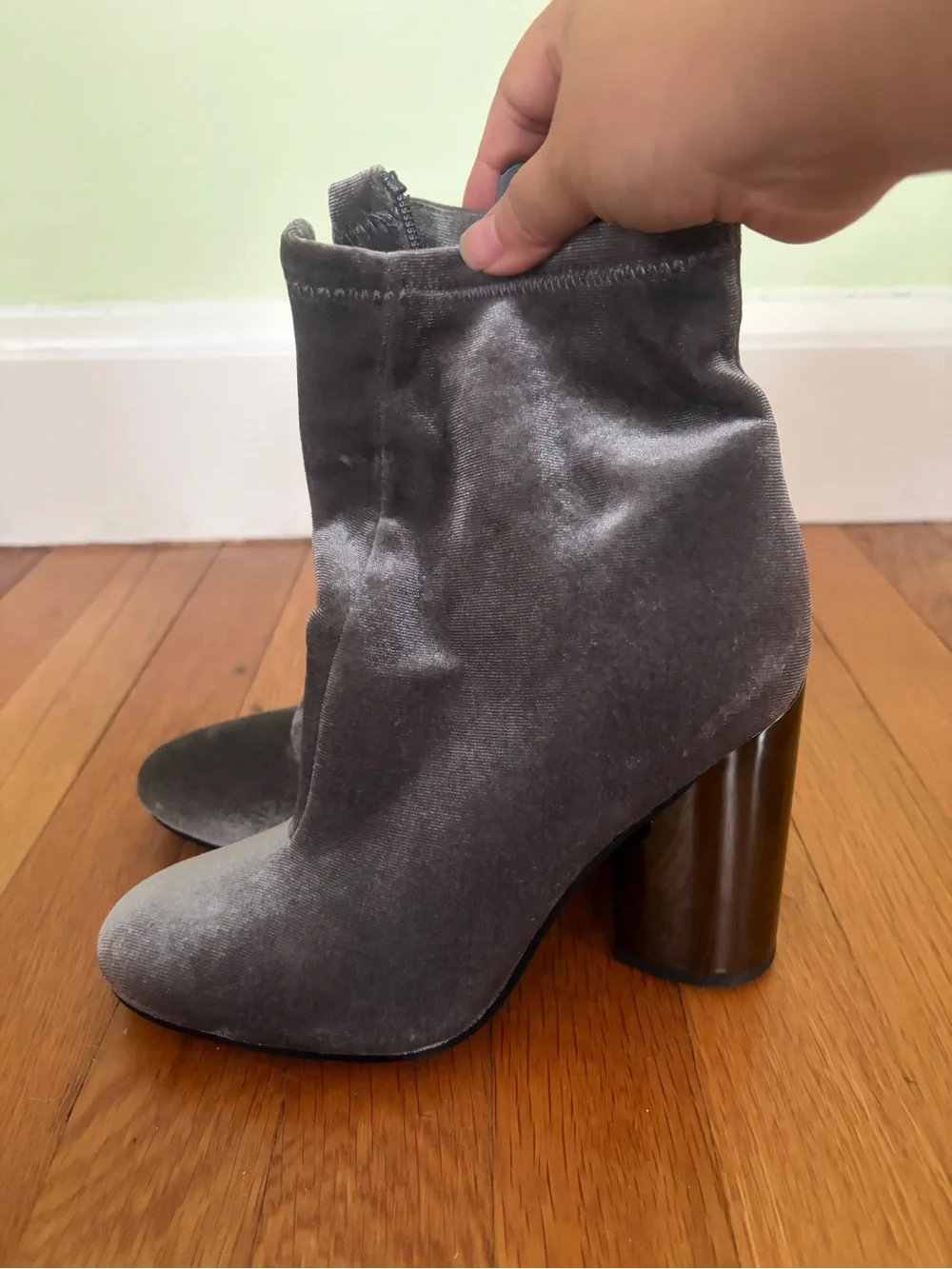 Aldo Silver Gray Velvet Block Heel Ankle Booties